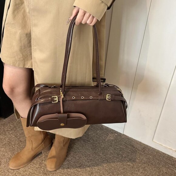 Wome'ns Coffee PU Leather Tote Bag Casual Bowling Bag Purse Retro Underarm - Picture 5 of 9